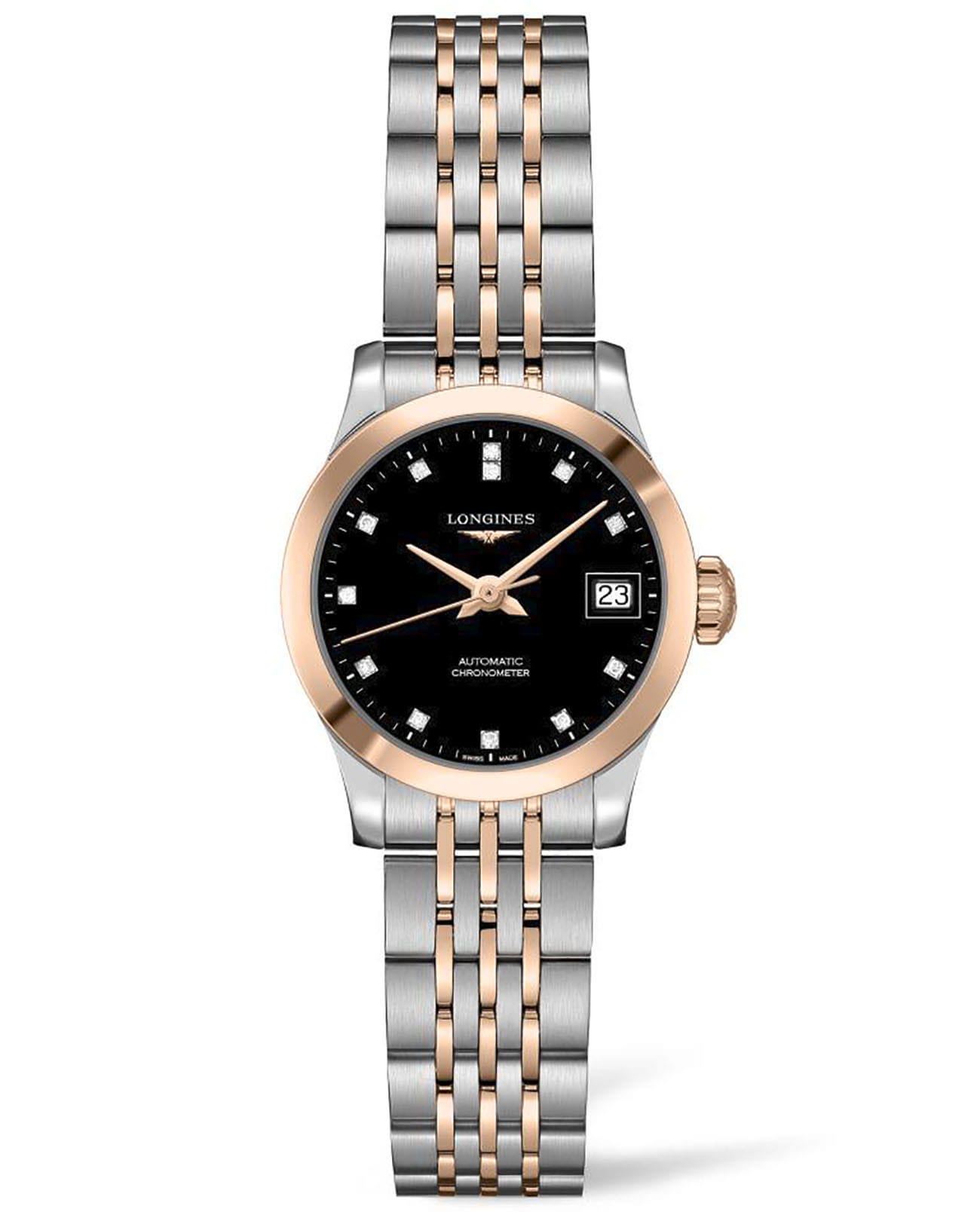 Longines Longines Record Collection L2.320.5.57.7  L23205577 механические женские часы черный циферблат, браслет нержавеющая сталь — вид спереди